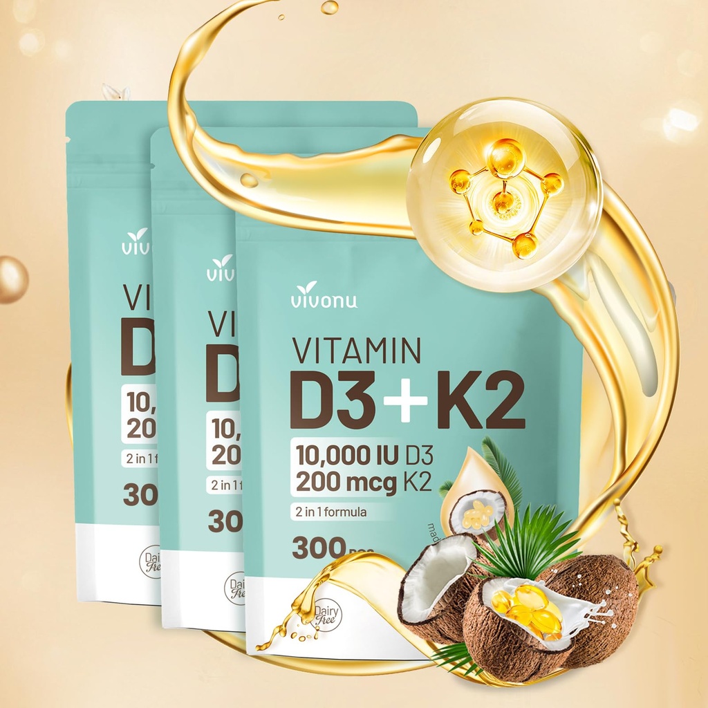 비타민 D3 10000 iu 플러스 K2 (MK-7) 200 mcg, 300 코코넛 오일 Softgels| 1 VIT D 및 K Complex의 2 | 칼슘 흡수, 뼈, 면역, 심장 건강 지원 – 삼키기 (900 Softgels /3 가방)에 쉬운