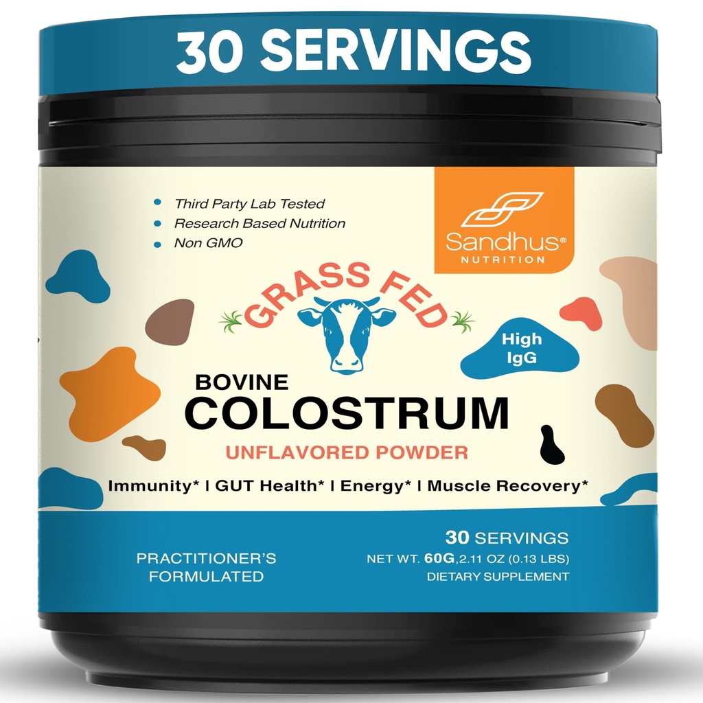 Sandhu's Grass Fed Bovine Colostrum Powder for Humans, Adults | 30 서빙 (패키지의 1) 쿠스 보충 | 구트 건강을위한 높은 IgG | 면역력 및 근육 회복 지원 | 불확실한 | 남성 및 여성용