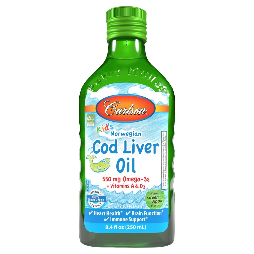Carlson - Kid 's Cod Liver Oil, 550 mg Omega-3s, Plus Vitamins A 및 D3, Liquid Fish Oil, Wild Caught Norwegian Arctic Cod, Sustainably Sourced Nordic Fish Oil, Green Apple, 250 mL (8.4 Fl Oz)