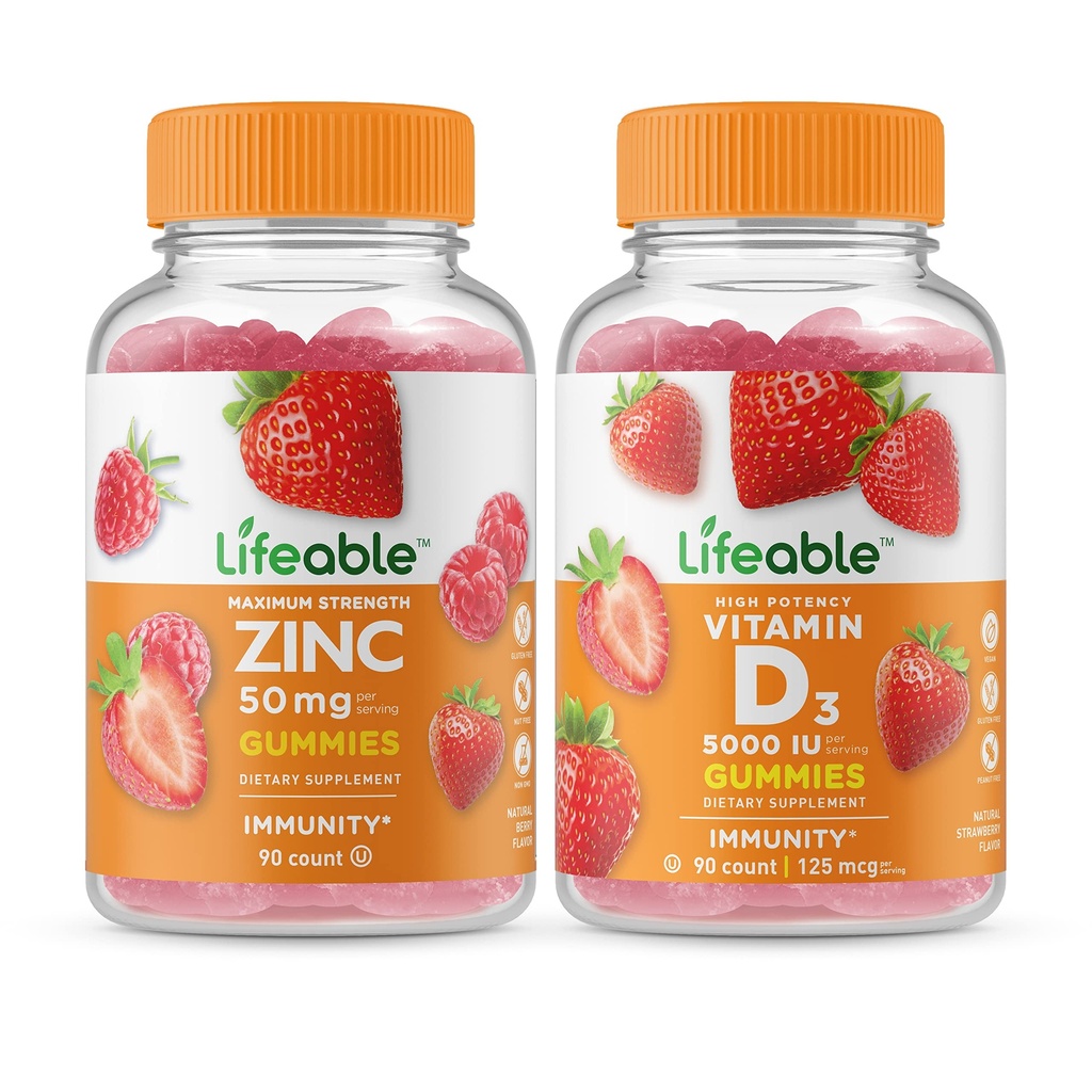 Lifeable 아연 50mg + 비타민 D 5000 IU, Gummies 번들 - 훌륭한 타스팅, 비타민 보충, 글루텐 무료, GMO 무료, Chewable Gummy
