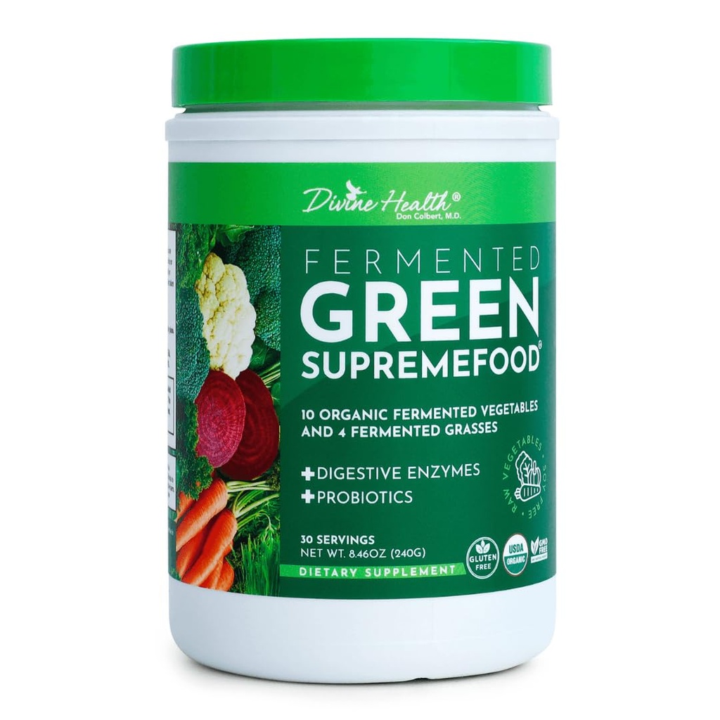 신성한 건강 발효 녹색 대장국 | 14 USDA 유기농 및 발효 야채와 잔디 | Probiotics | 효소 | 사과 계피 | 30 인분 | 240g