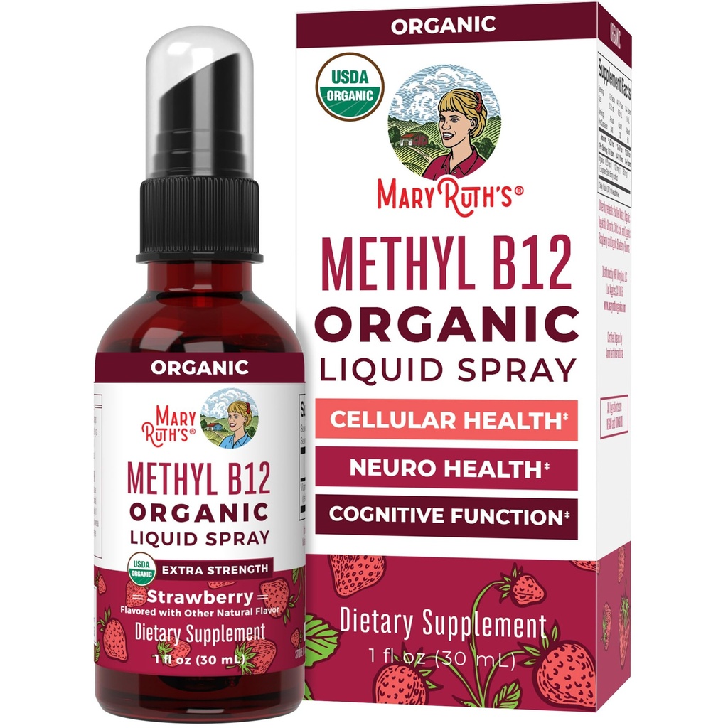 MaryRuth Organics Vitamin B12 Liquid Spray | Vegan, Non-GMO, Gluten-Free | USDA Organic Supplement | 에너지 및 자연 시스템 지원 | 여성 및 남성용 B12 비타민 | 720 mcg | 1 Fl Oz