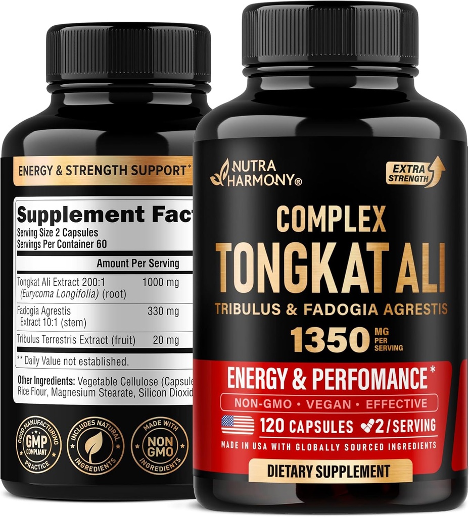 Tongkat Ali Men 1350mg Complex - Fadogia Agrestis | Tribulus Terrestris - 에너지, 강도 및 성능 지원 - 추가 강도 200 : 1 추출물 - 3rd Party Tested, Made in USA - 120 캡슐 / 2 개월