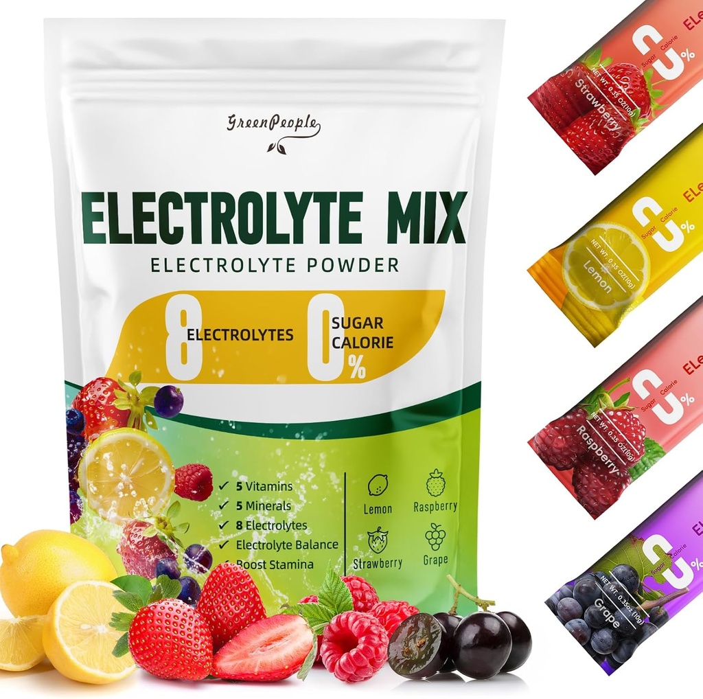 GREENPEOPLE Electrolytes Powder No Sugar - Sugar Free Hydration Electrolyte Packets - 과일 맛 Electrolyte 음료 혼합 - 8 Electrolytes 5 비타민 및 미네랄 비건 GMO 16 스틱