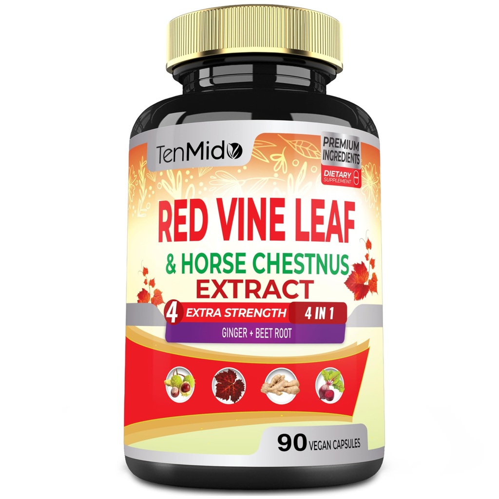Red Vine Leaf Extract Capsules - Horse Chestnut, Beet Root, Ginger - 심장, 다리 정맥 및 에너지를위한 초본 보충 - 45 일 동안 90 Vegan 캡슐