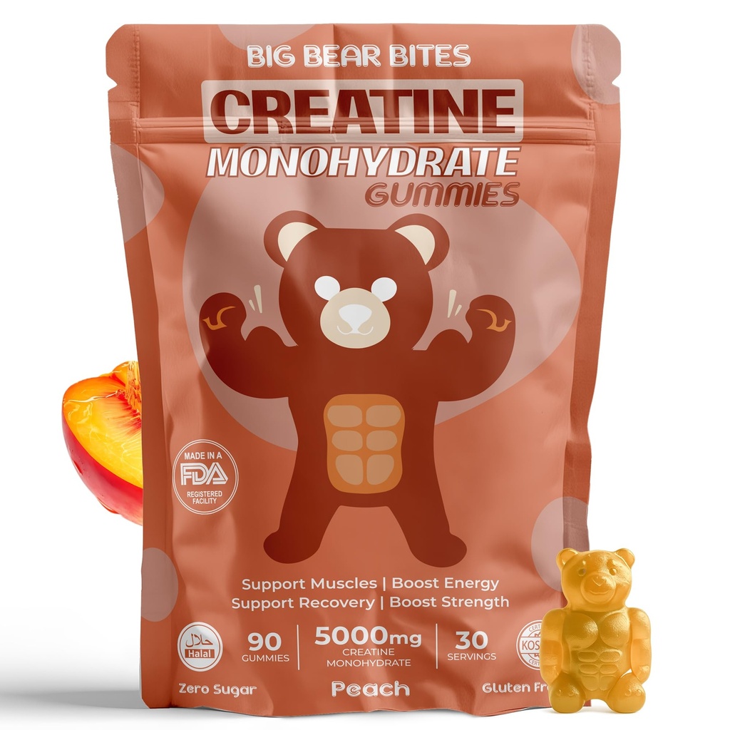 Creatine Monohydrate Gummies for Men & Women | 5000mg of Creatine Gummies per 서빙 | 설탕, 글루텐 프리 & 할랄 | 포장 90 사전 운동 및 근육 회복 | 복숭아 맛