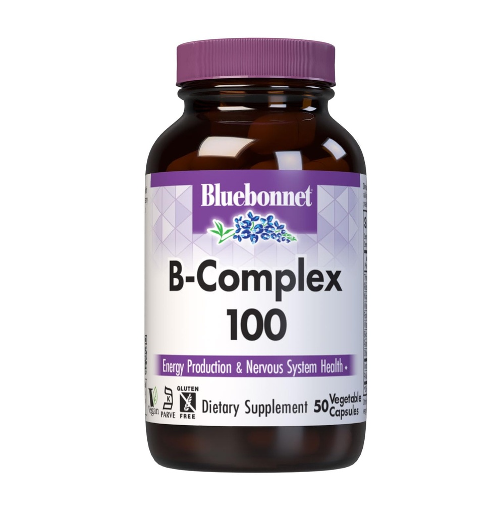 Bluebonnet Nutrition B Complex 100 식물성 캡슐, 전체 스펙트럼, 비타민 B6, B12, Biotin, Folate, Vegan, 채식, 글루텐 무료, 콩 무료, 우유 무료, 코셔, 50 야채 캡슐