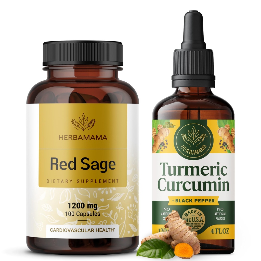 HERBAMAMA Red Sage and Turmeric Kit - 1200mg Red Sage Dan Shen 캡슐 및 Turmeric Curcumin Drops 2 fl oz - Vegan, Non-GMO, Sugar & Alcohol-Free - 2 Pack의 번들
