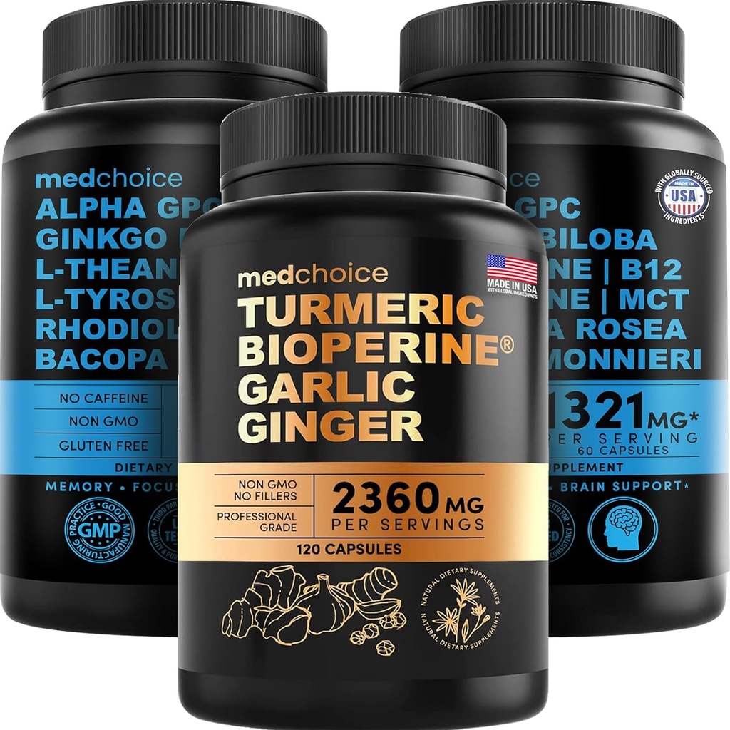 MEDCHOICE Turmeric & Ginger (120ct) 및 Nootropic Brain (120ct) 보충 번들 - 관절, 소화, 두뇌, & 무드 지원을위한 웰빙 듀오 - Vegan, Non-GMO, 글루텐 프리