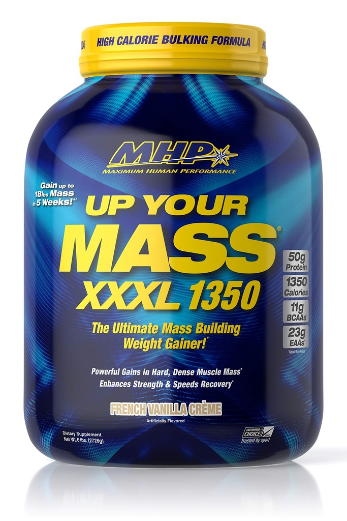 최대 인간적인 성과 MHP UYM XXXL 1350 대량 건축 무게 게인, 근육 질량 이익, w/50g 단백질, 높은 칼로리, 11g BCAAs, Leucine, 프랑스 바닐라 크림, 8 서빙