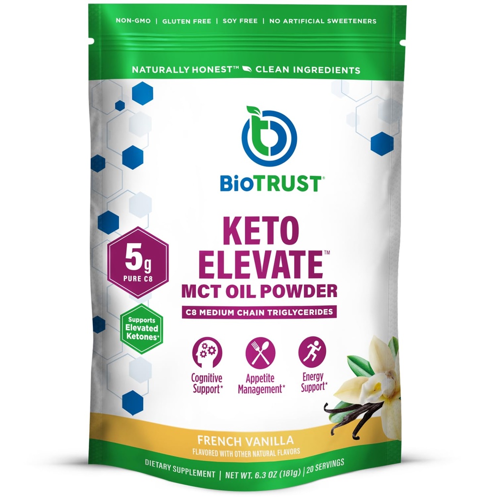 BioTrust Keto Elevate – C8 MCT 오일 분말 – Ketogenic MCT 커피 크림, Keto 커피 크림 – 청정 에너지, 정신 초점, Clarity – 100 % Caprylic 산 MCT 분말, 비 GMO (프랑스 바닐라, 20 서빙)