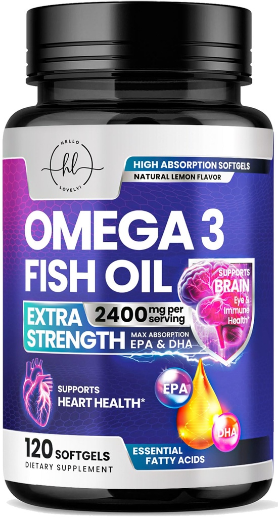 오메가 3 물고기 기름은 2400mg를 보충합니다 - 3배 힘 Omega 3 지방산, 자연적인 심장 건강 두뇌 & 합동 지원 - EPA & DHA를 가진 지방산 - 야생 잡힌 물고기 기름 보충교재 - 120 Softgels