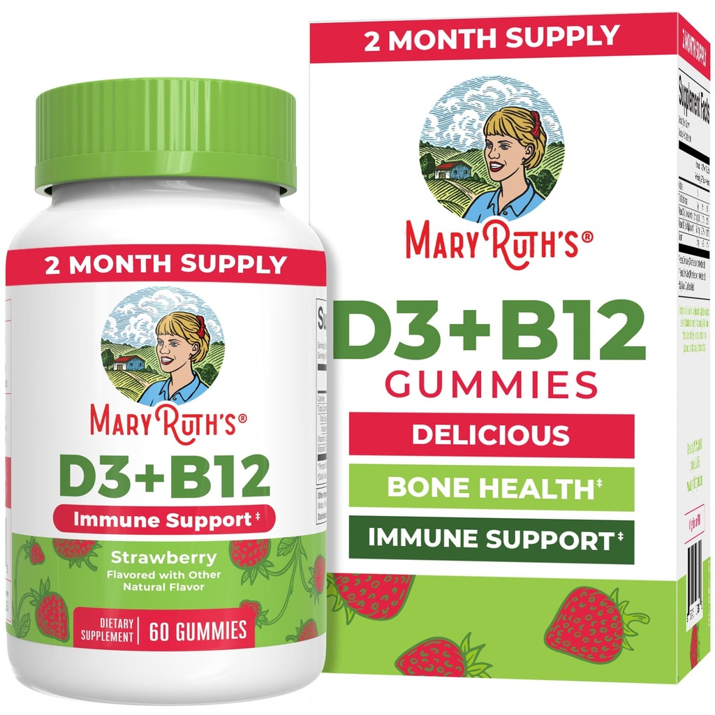 MaryRuth Organics Vegan Vitamin D3 + 비타민 B12 Gummies | 2 개월 공급 | 지원 뼈 건강 | 면역 지원 보충교재 | 에너지 보조제 | 메틸 B12 Vegan Non-GMO 글루텐 무료 | 60 인분