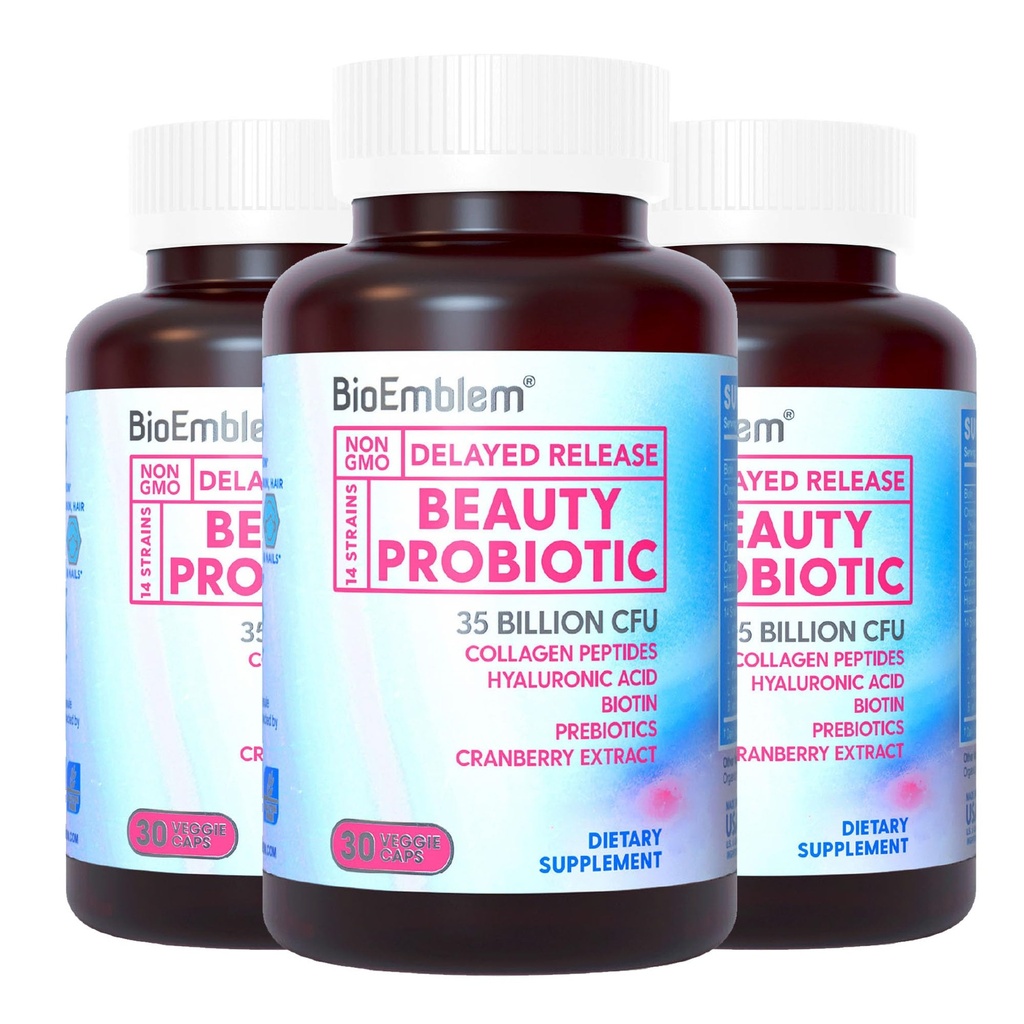 BioEmblem Beauty Probiotics for Women, Biotin, Collagen, Digestive Health, Hair Skin 및 Nails, Vaginal Probiotics 보충교재, 선반 안정, 90의 모자를 가진 35 억 CFU 14 Strains