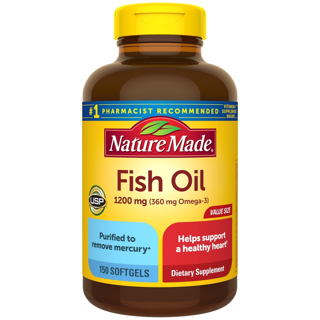 Nature Made Fish Oil Omega 3 보충제, 1200 mg Softgels, 건강한 심장 지원을위한 오메가 3 생선 기름, 150 Softgels, 75 일 공급