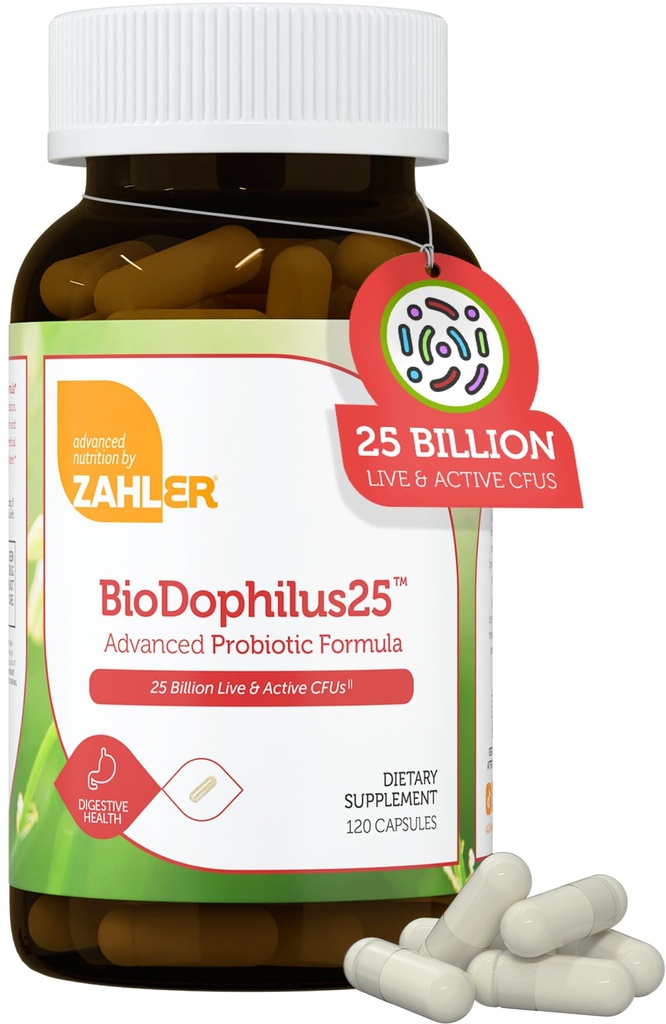 Zahler BioDophilus25, 25 억 CFU Probiotic + Prebiotic - 11 Strains Daily Probiotic Supplement - 소화 건강을위한 여성을위한 Kosher Probiotics, Gut 건강을위한 Probiotics (120 캡슐)