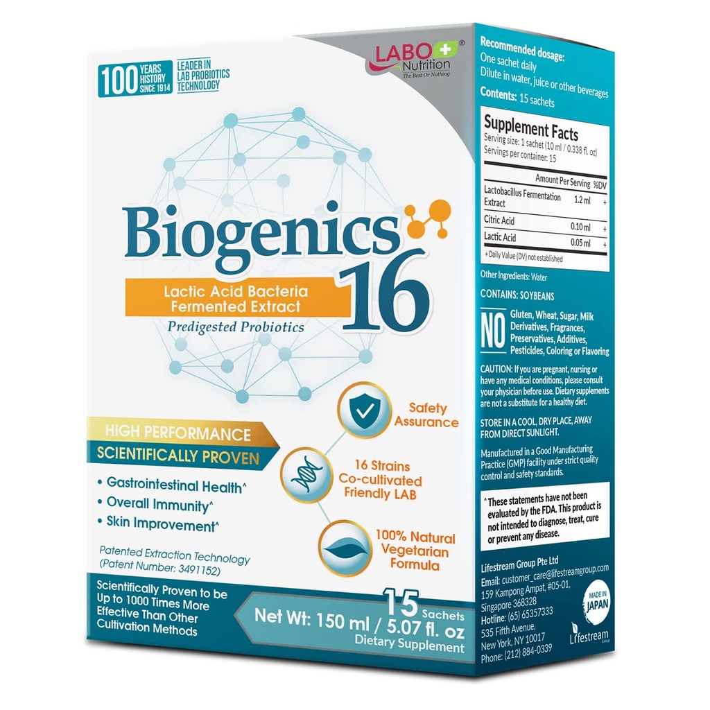 LABO 영양 Biogenics 16–Lactic 산 박테리아 발효 추출물, 1000x 더 효과적인, Probiotics & Prebiotics를 넘어 Gut 건강 지원, Intestinal 피부와 면역 건강을 개선, 10mlx15 sachets