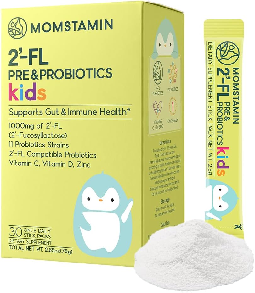 MOMSTAMIN 2'-FL HMO Prebiotics & Probiotics for Kids, 1000mg 인간 우유 Oligosaccharide 2'-FL 분말, 특허 11 Strains, 건강한 Gut Microbiome, 면역 & 소화 보충교재, IBS 기복 - 30의 지팡이