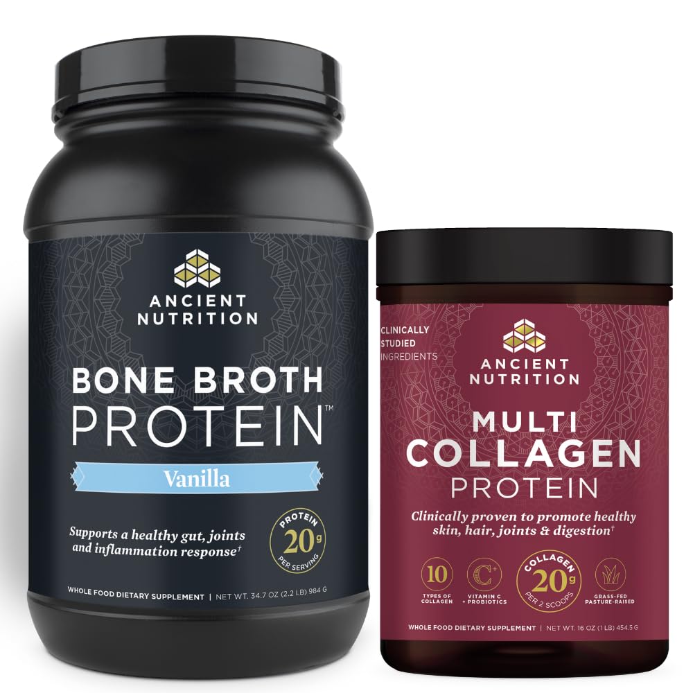 고대 영양 뼈 Broth 단백질 분말, 바닐라, 40 서빙 + 멀티 콜라겐 단백질 분말, Unflavored, 45 서빙