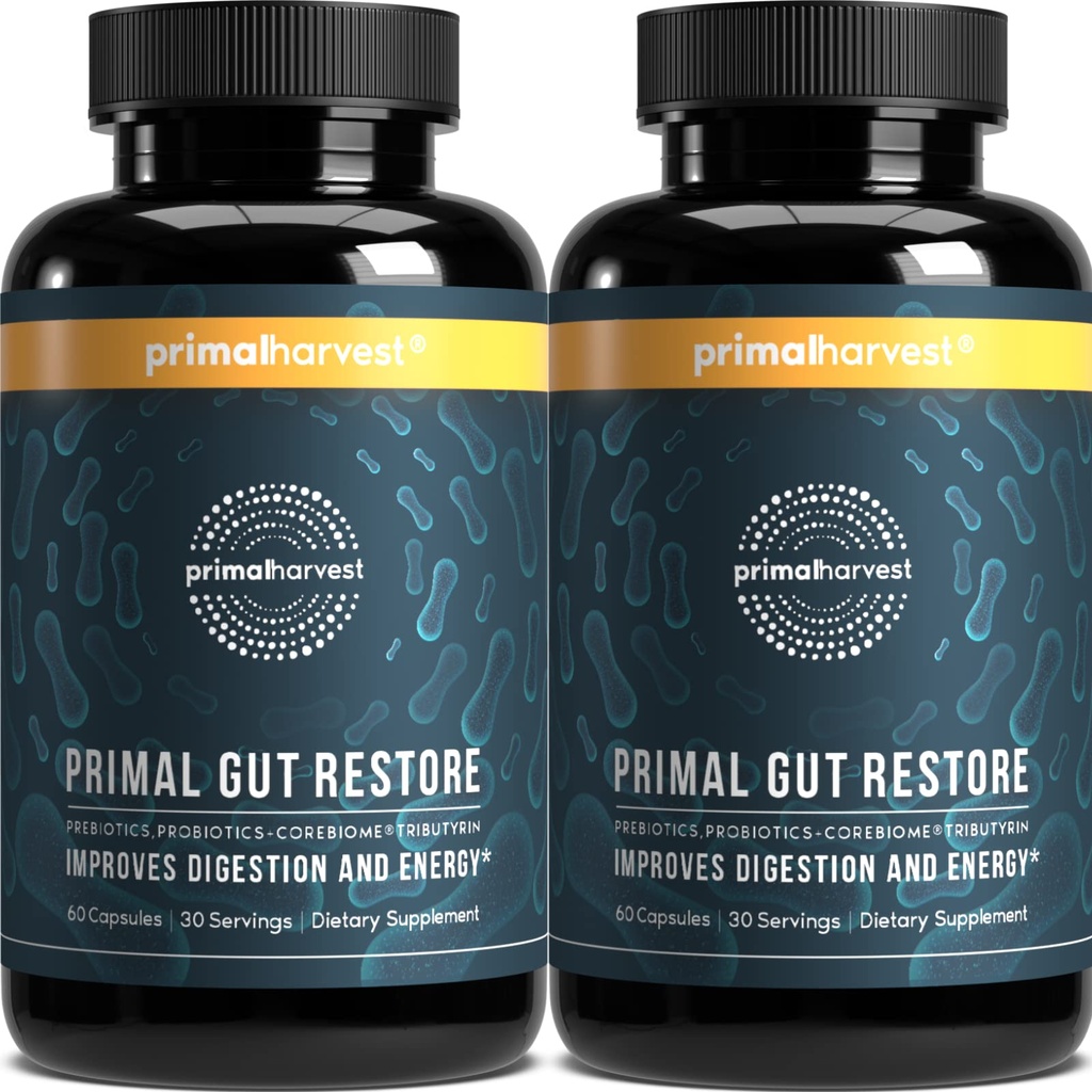 Primal Harvest 2 Pack, Gut Health, Primal Gut Restore w/POSTbiotics, 여성 및 남성을위한 PREbiotics 및 PRObiotics, 60 CT - Digestion, Colon Cleanse, 누출 구트 수리