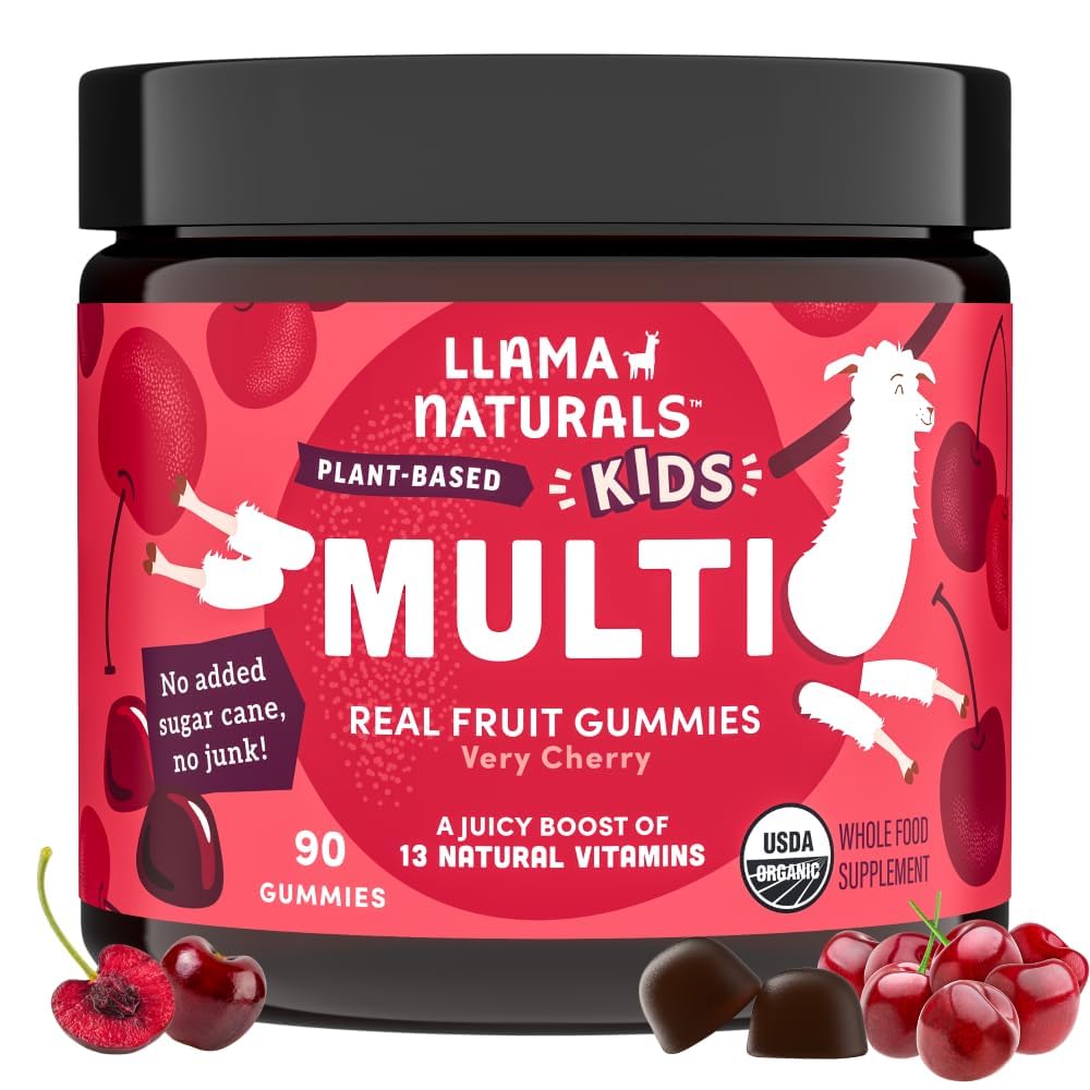 Llama Naturals Kids Multivitamin Gummies, Vegan, 비타민 D, C & K, 유아 Real Fruit Gummy Vitamins, Chewable Supplement, 전체 식품 멀티 비타민, 추가 설탕 지팡이, 체리, 90 Ct
