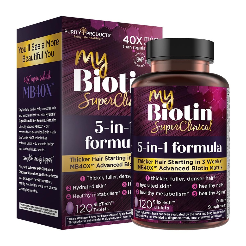 순수성 제품 MyBiotin SuperClinical 새로운 5-in-1 엘리트 Multivitamin + MB40X Biotin 모체 매일 다 - 3 주에서 시작하는 더 두꺼운 머리 - 40X 더 가용 대 정규적인 머리 피부 못 - 120의 탭