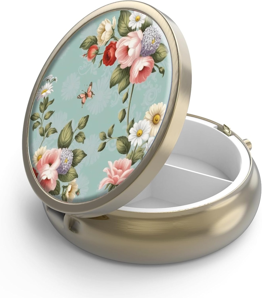 Pill Case Pill Box with Mirror Retro 3 Compartment Purse 또는 Pocket Bronze Small Roud Pill Box 또는 Vitamins, Fish Oil, Supplements, Pill Containe Travel Gifts(영어) Retro 녹색 꽃)