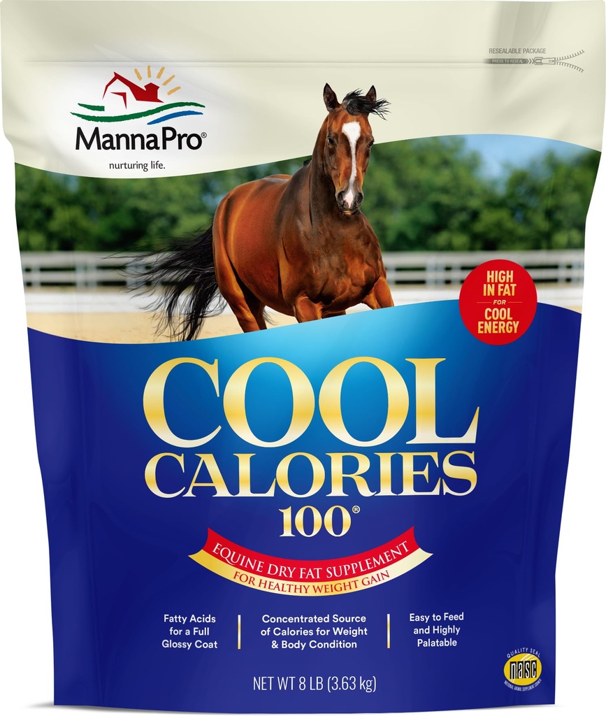 Manna Pro Cool Calories 100 - 말에 대한 Equine 지방 보충, 건강한 체중 증가, 근육 유지 보수 및 빛나는 코트, 농축 건조 지방 칼로리 부스터, 낮은 별 수식, 8 lb 가방