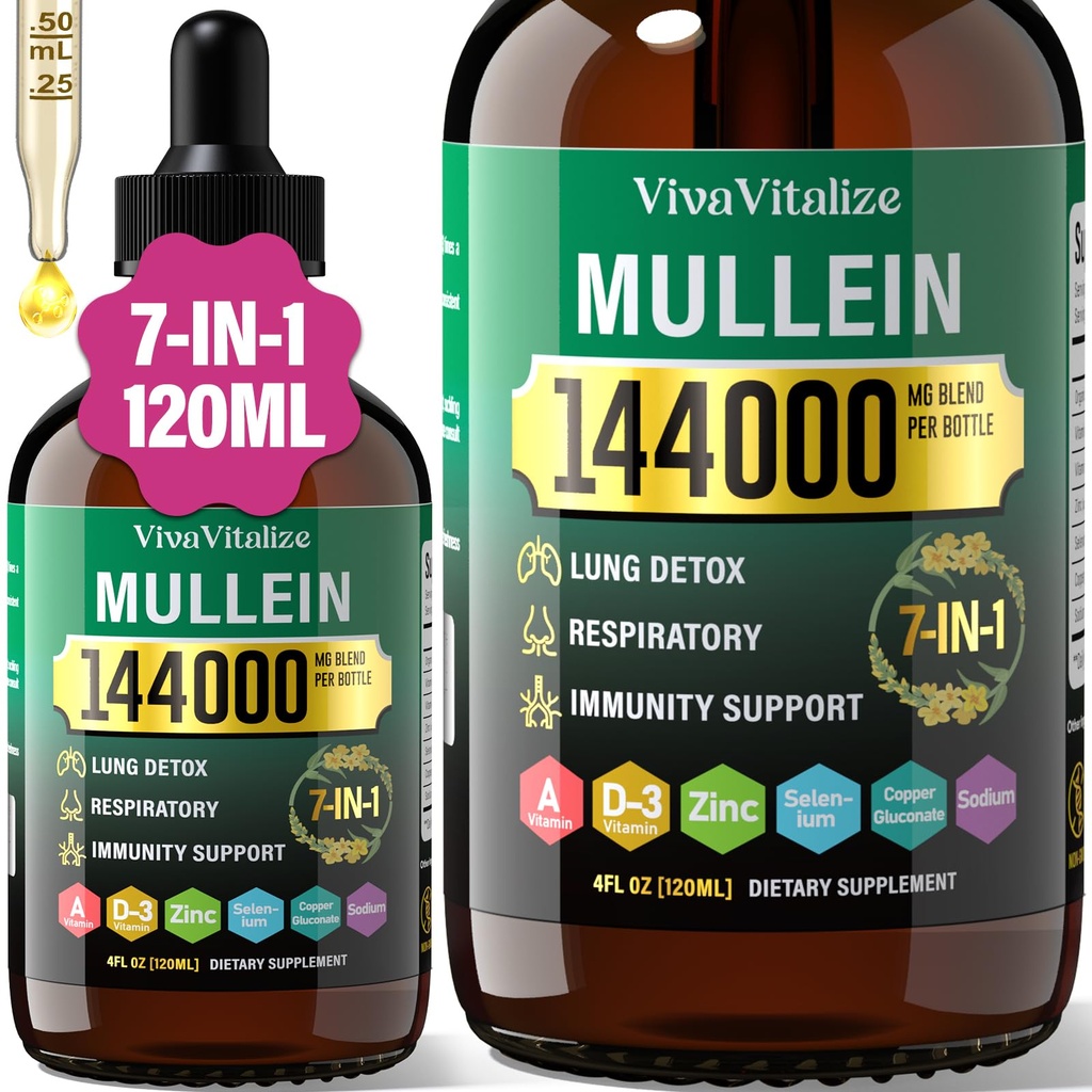 Lungs를 위한 Mullein 하락, 폐를 위한 144000mg Mullein 잎 추출물 & 호흡 기능 건강한 호흡 면역 체계, 자연적인 초본 보충교재 설탕 & 알콜 자유로운, 120 일 공급