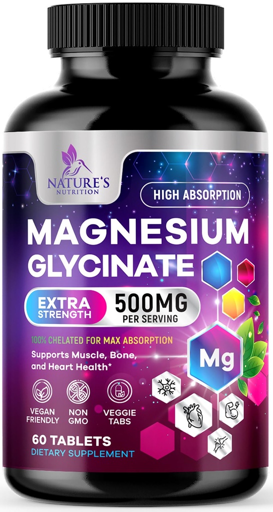 마그네슘 글리세라이드 500mg - 매우 흡수를위한 킬레이트 - Bone, 근육, Nerves & Heart Health, 자연의 수면 지원, 전체 바디 지원을위한 최고의 마그네슘 보충 알약 - 60 정제