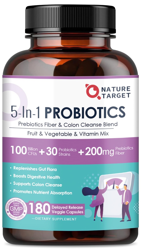 여성 - 남성 소화 건강을위한 NATURE TARGET Probiotics, Prebiotics가있는 Mens-Womens Probiotics, Gut 및 면역 건강을위한 100 억 CFUs, 180 Veggie 캡슐 (90 일 공급)