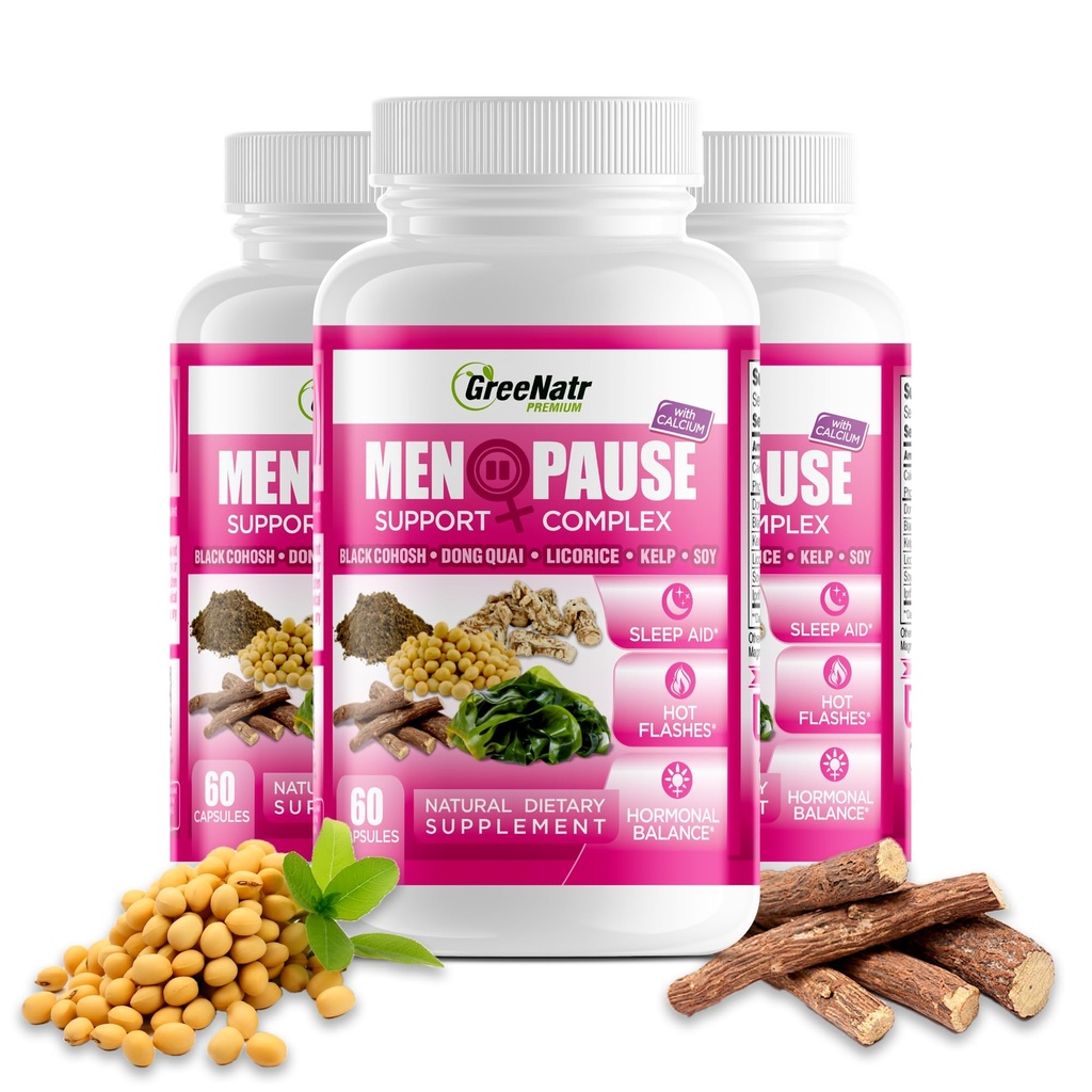 GreeNatr Menopause 여성용 보충제 - Perimenopause는 Menopause 핫 플래시 용 Dong Quai & Black Cohosh와 여성을 보충합니다 - 수면 품질 및 호르몬 균형을위한 Menopause 지원 - 3 병