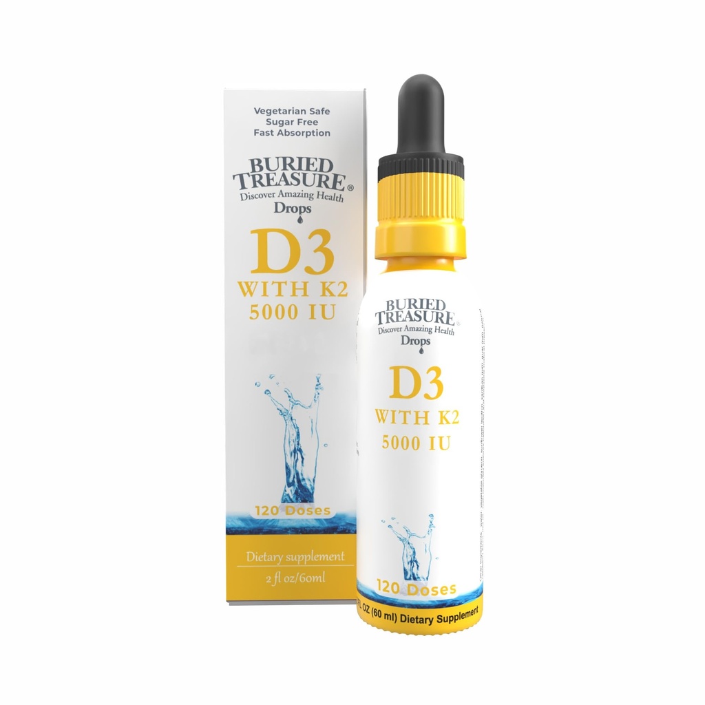 Buried Treasure Vitamin D3 & K2 Drops - 5000 IU D3 와 100 mcg K2 Bone, 심장 & 면역 지원, 설탕 무료, 2 fl oz