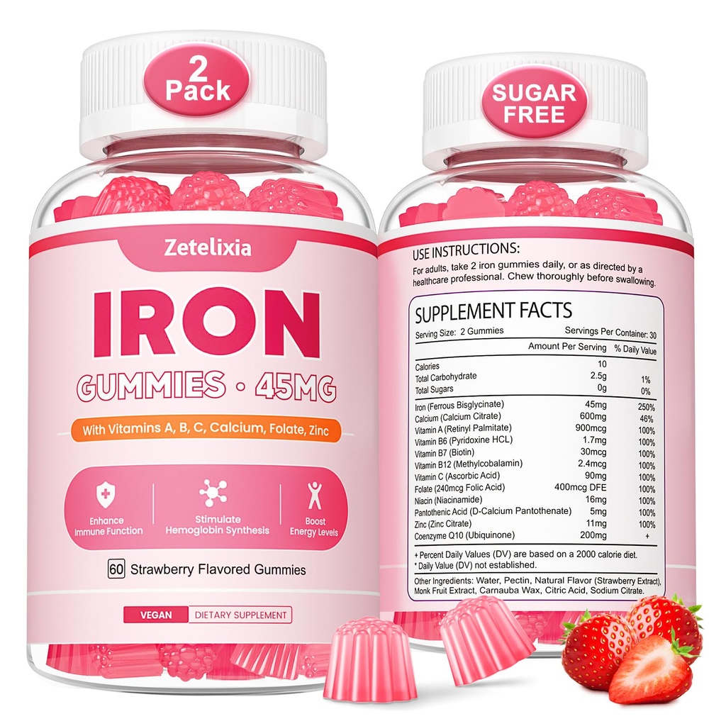 Vegan 2 팩 철 보충 여자 & 남자, 빈혈, 혈액 빌더 & 에너지 지원 비타민 C, A, B Complex, Folate, CoQ10, Sugar Free, Non-GMO, 120 조사와 함께