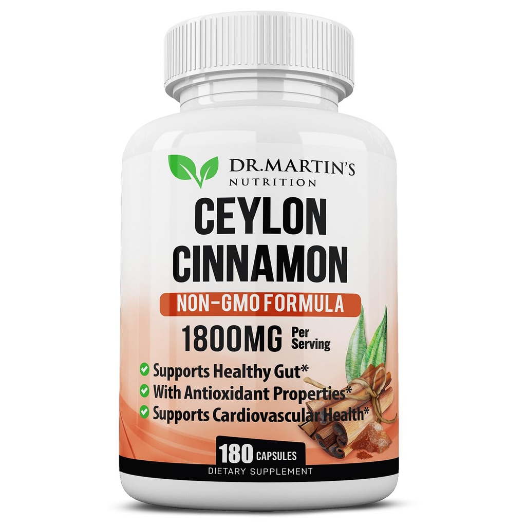 1800mg Organic Ceylon Cinnamon 캡슐 | 180 카운트 | 관절, 건강한 염증 응답, 항산화 및 심혈관 건강 지원 | 비 GMO 및 글루텐 무료 보충
