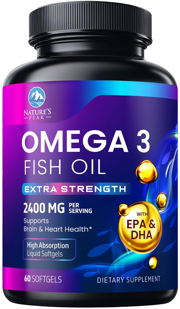 오메가 3 물고기 기름 2400 mg 보충교재, 지속적으로, 세 배 힘 Omega-3 보충교재 Softgels의 뇌 건강 지원, EPA & DHA 물고기 기름 지방산 보충교재, 글루텐 & GMO는, 60 Softgels 해방합니다