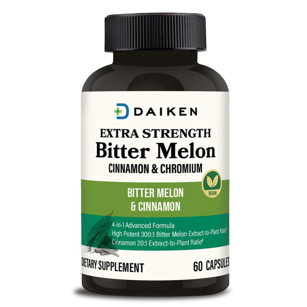 DAIKEN Bitter Melon, Cinnamon & Chromium, 90,000 mg Equivalent Per 서빙 추가 강도, 100 % 채식 Bitter Melon 캡슐 Cinnamon Chromium & 아연, 60 캡슐