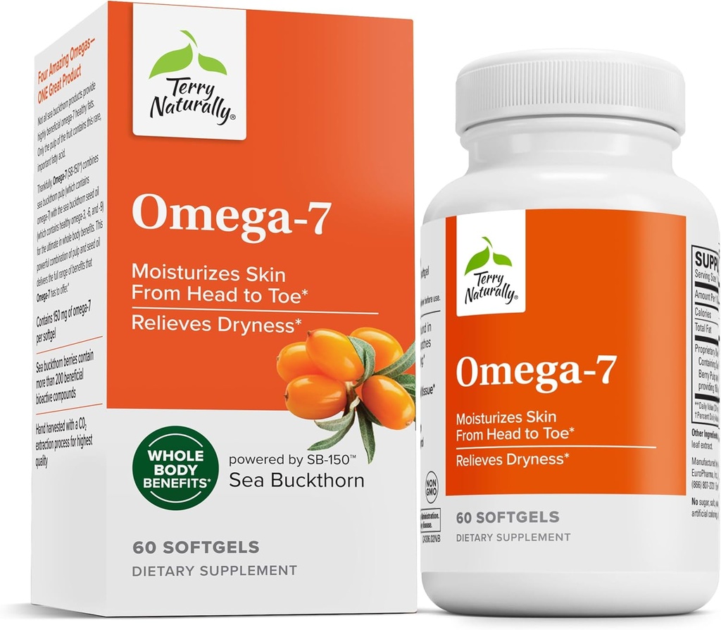 Terry Naturally Omega-7 - 필수 지방산과 영양 보충 - 바다 Buckthorn, Berry Pulp & Seed Oil - 60 Softgels (팩 2)