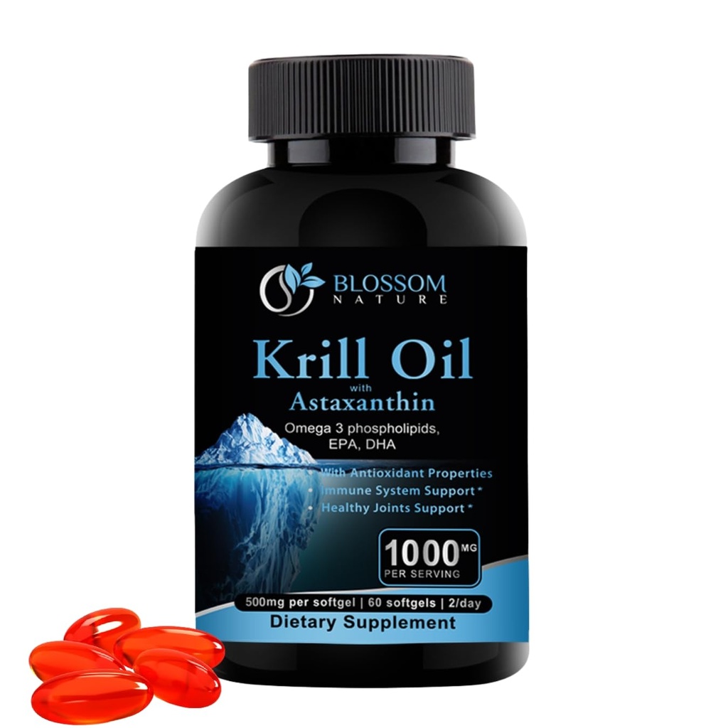 Astaxanthin - 오메가-3 EPA 및 DHA 보충 심장, 뇌 및 포스포 지질의 형태로 관절 건강에 대한 남극 크릴 오일 1000mg Softgels– 60 바닐라-Flavored Softgels