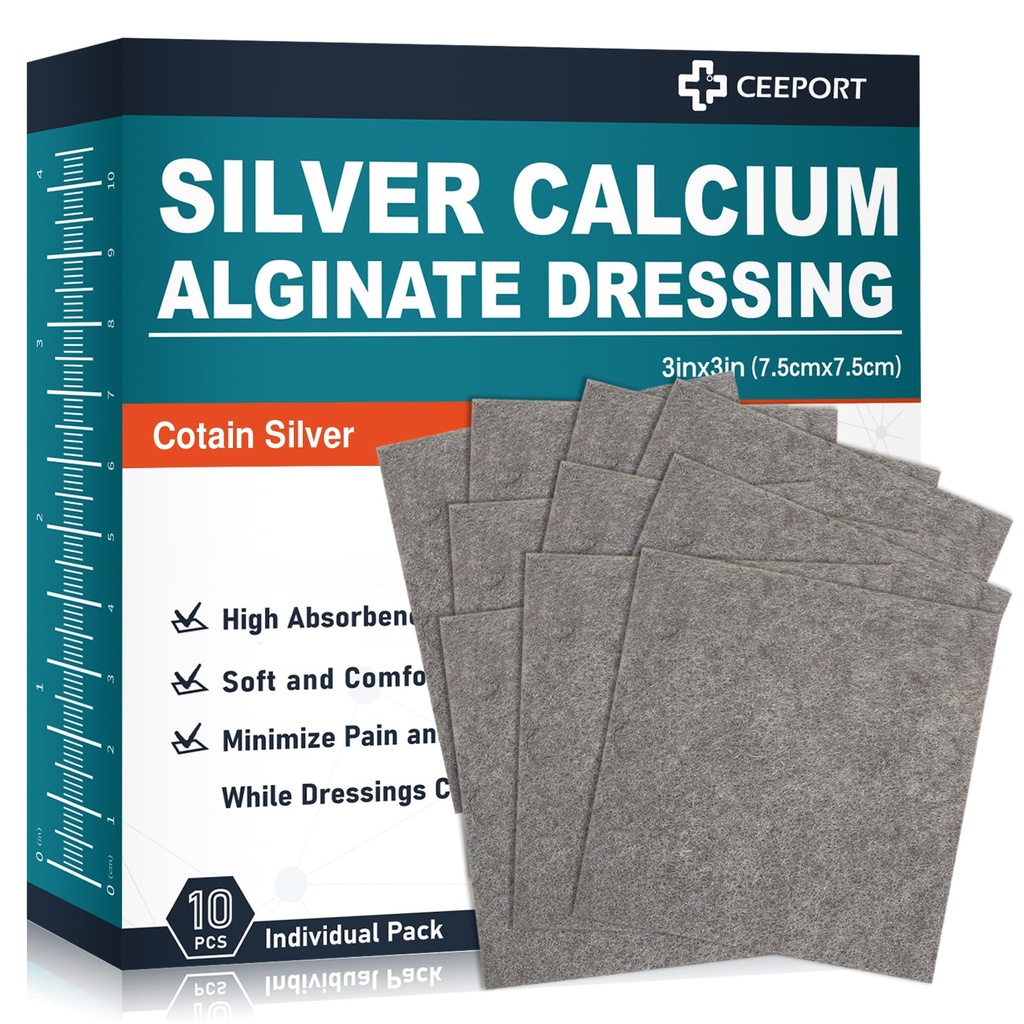 Ag는 칼슘 Alginate 부상 드레싱 패드 3" x 3" (10의 포장), 연약한 높게 흡수성 은 부상 드레싱, 부상 배려를 위한 비 Adhesive 드레싱, 무통 제거 Gauze 패드를 주름을 잡습니다