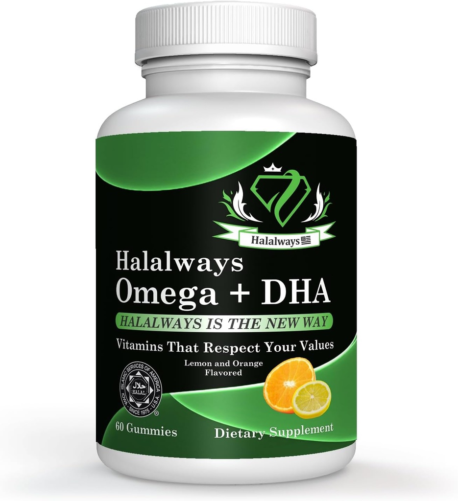 Halalways 오메가 + DHA Gummies - 세 배 힘 오메가 3 물고기 기름 거미 비타민 DHA 지방산, 자연의 심장 건강, 오렌지 & 레몬 풍미는 Halal 보충교재를 증명했습니다
