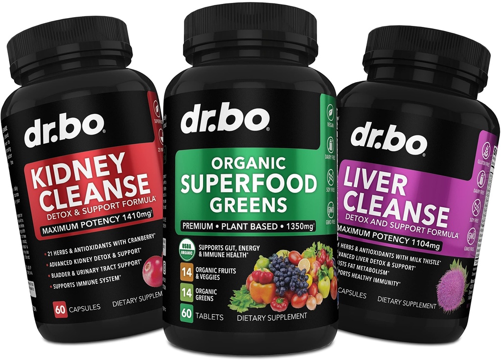 유기농 슈퍼 푸드 그린 & 과일 보충제 - Liver Kidney Cleanse Detox Support Supplement - Green Veggie Powder Blend Vegetable Foods & Help Repair Kidneys, Bladder Control & Urinary Tract Health