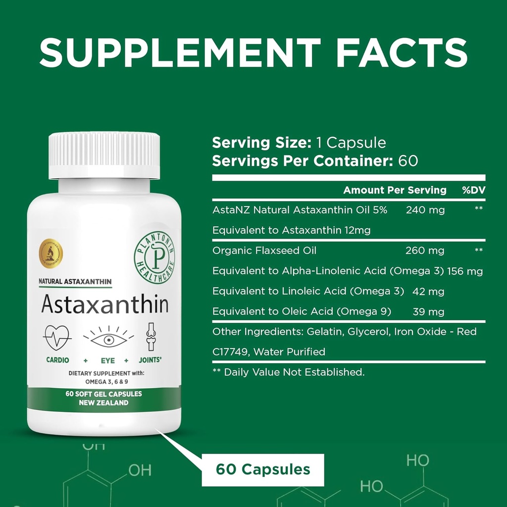 뉴질랜드 - Microalgae Haematococcus Pluvialis의 Astaxanthin 12mg - 60 소프트 젤 - GMO & 글루텐 무료 - 산화 방지제 - 합동 이동성 & 포스트 운동 회복, 피부 & 눈 건강 지원