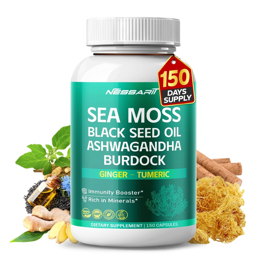 Sea Moss Supplement - 16-in-1 Black Seed Oil Ashwagandha Burdock Bladderwrack Ginger Dandelion - 150 카운트 - 미국에서 제작 및 테스트
