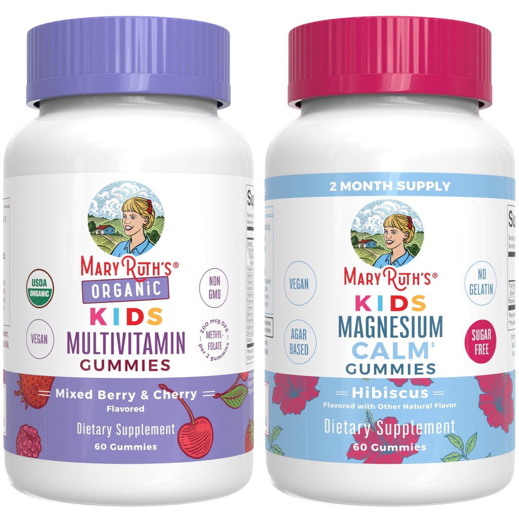 MaryRuth's Gummies for Kids–USDA Organic Multivitamin (Mixed Berry & Cherry), & Magnesium Calm (Hibiscus) | 젤라틴 없음! | 면역력, 정신 건강 및 전반적인 웰빙에 대한 비타민 | Vegan, Non-GMO