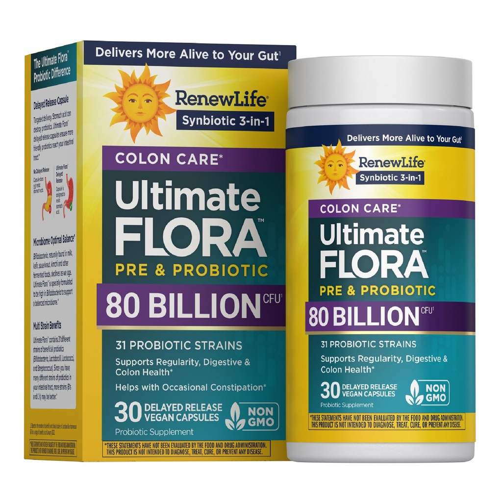 Renew Life Probiotic Colon Care Probiotic 캡슐, Daily Supplement Offer Colon Support, L. Rhamnosus GG, Dairy, Soy 및 글루텐 프리, 80 억 CFU, 30 카운트