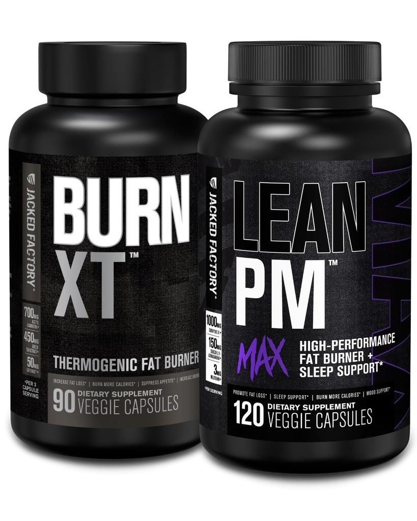 Jacked Factory Burn XT Thermogenic 뚱뚱한 가열기 - 식욕 억제제 & Nootropic 에너지 부스터 (90 캡슐) & Lean PM 최대 고성능 체중 감소, 수면 지원 | (120 캡슐)