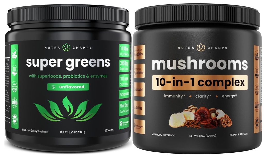 NutraChamps Super Greens Unflavored & Super Mushrooms: 궁극적 인 두뇌, Gut & Body Boost
