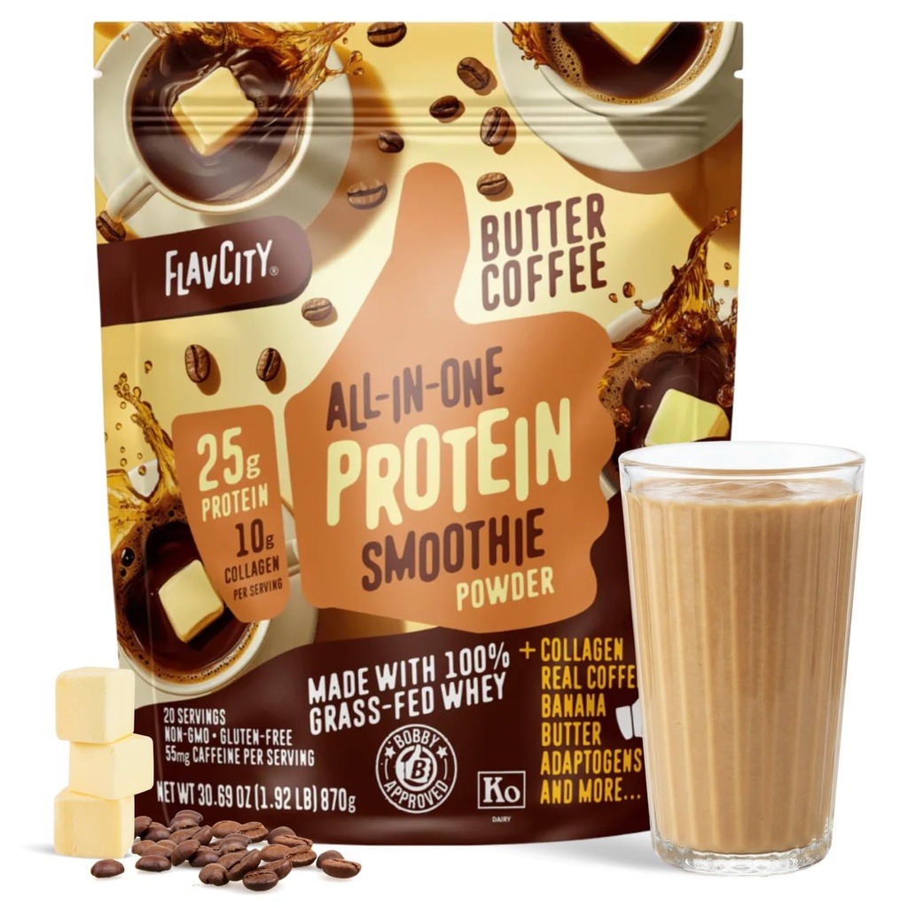 FlavCity Grass Fed Whey Protein Powder - 버터 커피 - 25g Protein, 10g Collagen & 87mg Caffeine - 유기 Reishi & Cordyceps로 만든 - 글루텐 무료 및 추가 설탕 (20 인분)