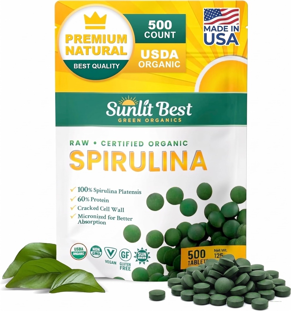 Sunlit Best Spirulina Tablets - 유기 Spirulina 정제 USDA 프리미엄 500 카운트 - 면역 지원 근육 성장, 에너지 부스트 w/Chlorophyll - 높은 단백질, 비 GMO를 위한 자연적인 Spirulinas 유기 Burst